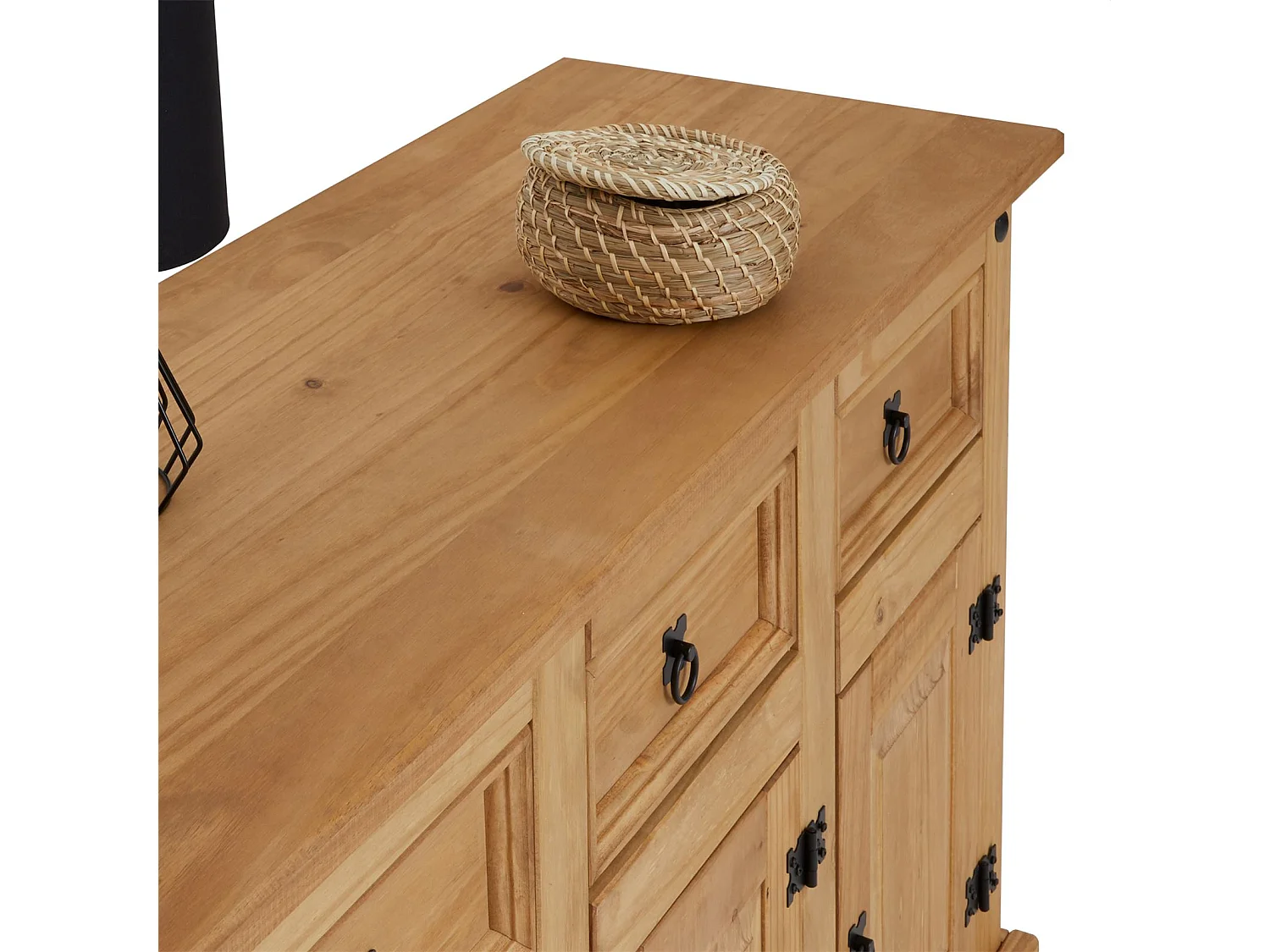 Buffet SALSA commode bahut vaisselier en bois style mexicain avec 3 portes et 3 tiroirs, en pin massif finition teintée/cirée