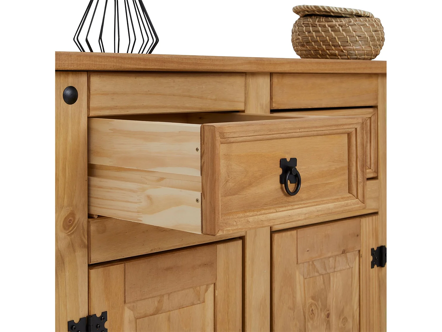Buffet SALSA commode bahut vaisselier en bois style mexicain avec 3 portes et 3 tiroirs, en pin massif finition teintée/cirée
