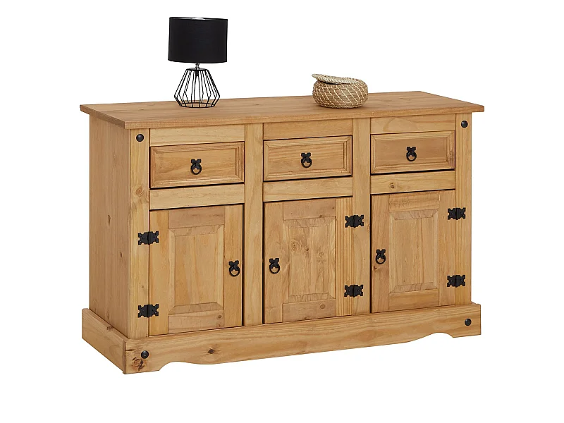 Buffet SALSA commode bahut vaisselier en bois style mexicain avec 3 portes et 3 tiroirs, en pin massif finition teintée/cirée