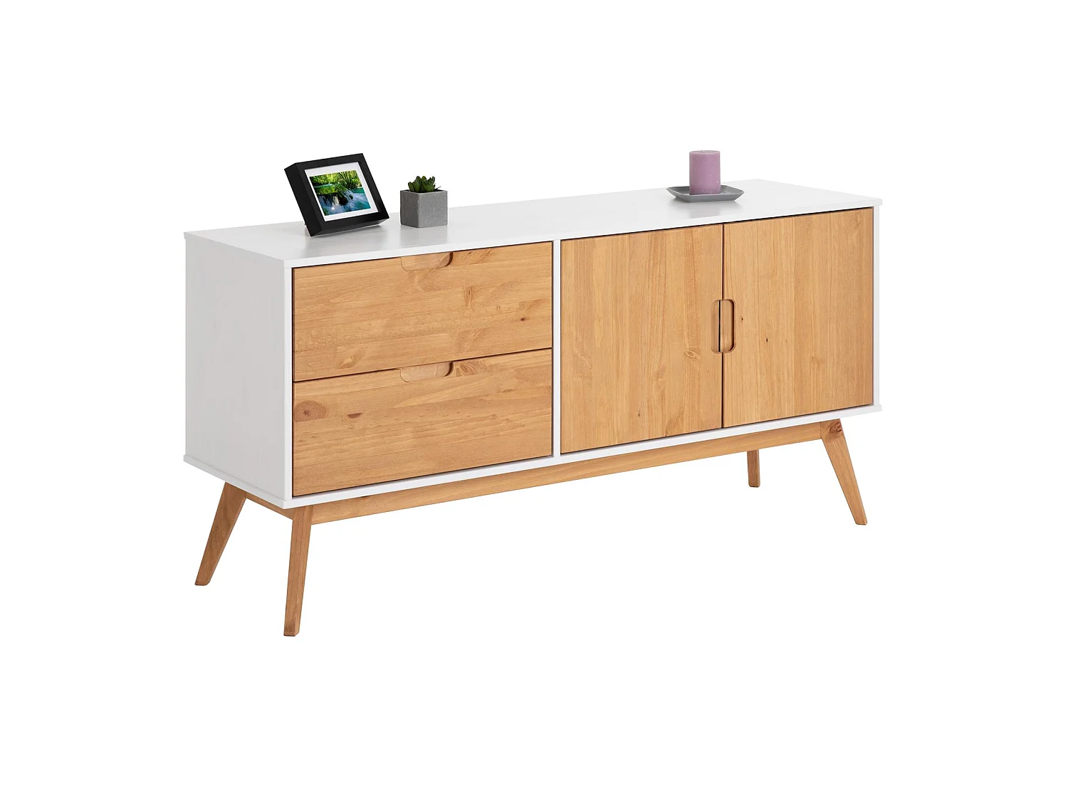 Buffet TIVOLI design vintage scandinave nordique commode bahut vaisselier 2 tiroirs 2 portes, pin massif finition blanc/bois teinté