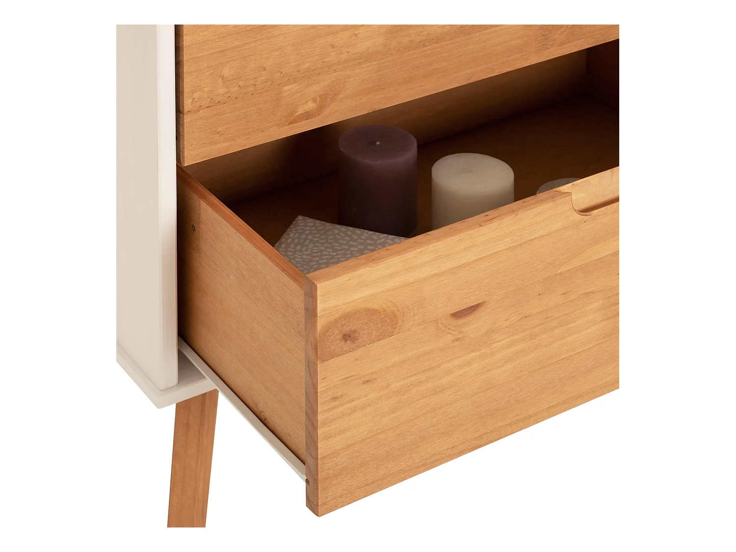 Buffet TIVOLI design vintage scandinave nordique commode bahut vaisselier 2 tiroirs 2 portes, pin massif finition blanc/bois teinté