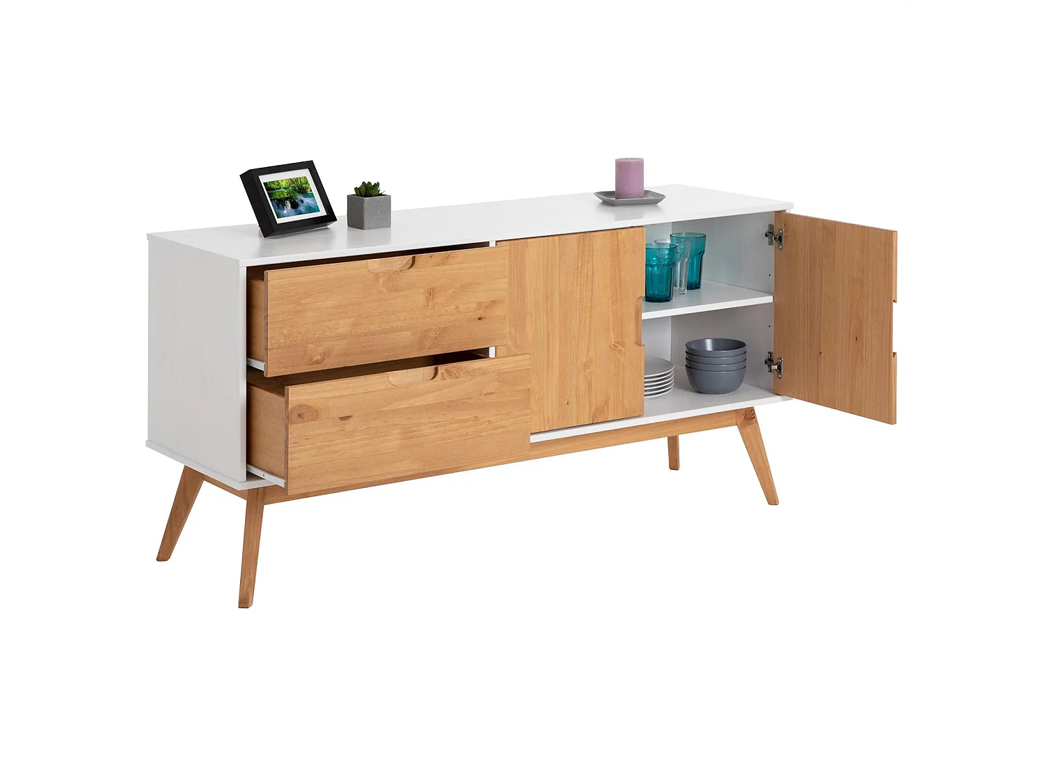 Buffet TIVOLI design vintage scandinave nordique commode bahut vaisselier 2 tiroirs 2 portes, pin massif finition blanc/bois teinté