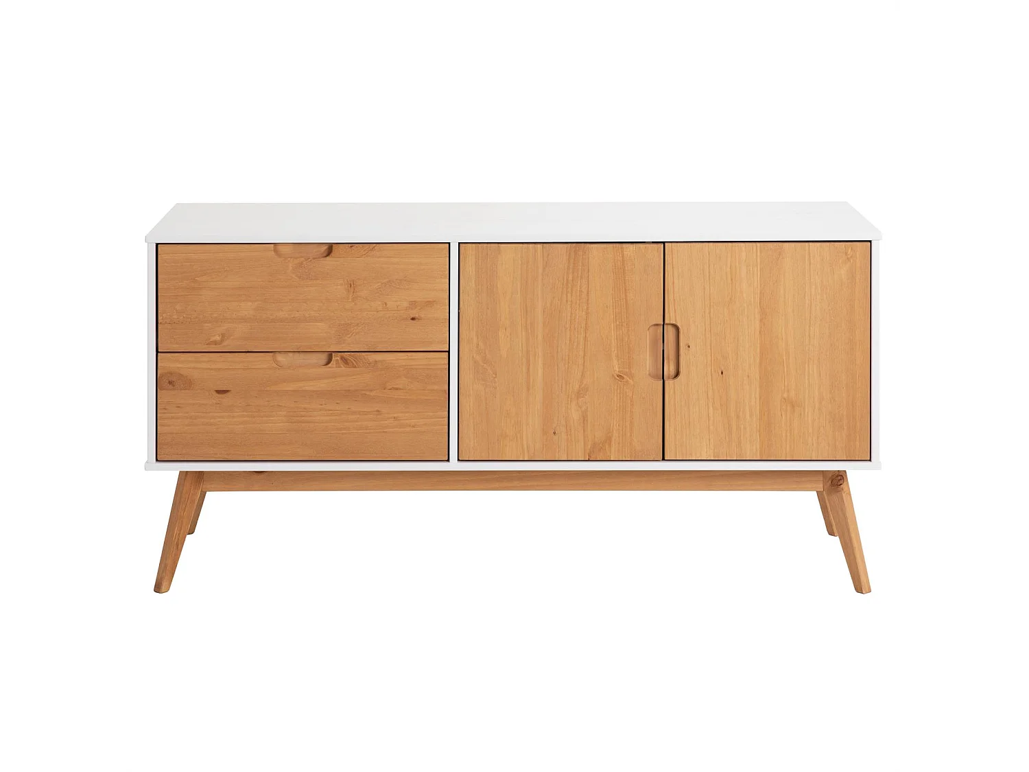 Buffet TIVOLI design vintage scandinave nordique commode bahut vaisselier 2 tiroirs 2 portes, pin massif finition blanc/bois teinté