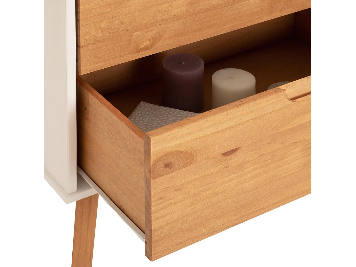 Buffet TIVOLI design vintage scandinave nordique commode bahut vaisselier 2 tiroirs 2 portes, pin massif finition blanc/bois teinté