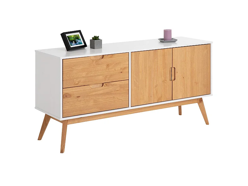 Buffet TIVOLI design vintage scandinave nordique commode bahut vaisselier 2 tiroirs 2 portes, pin massif finition blanc/bois teinté