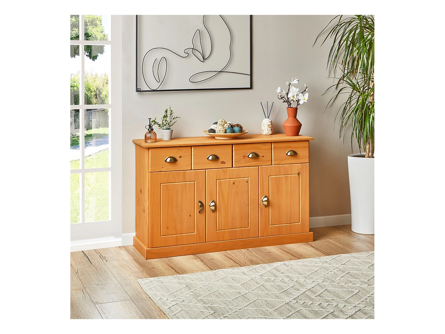 Buffet salle à manger PARIS en bois massif L116 cm avec 3 portes battantes et 2 tiroirs spacieux, brun