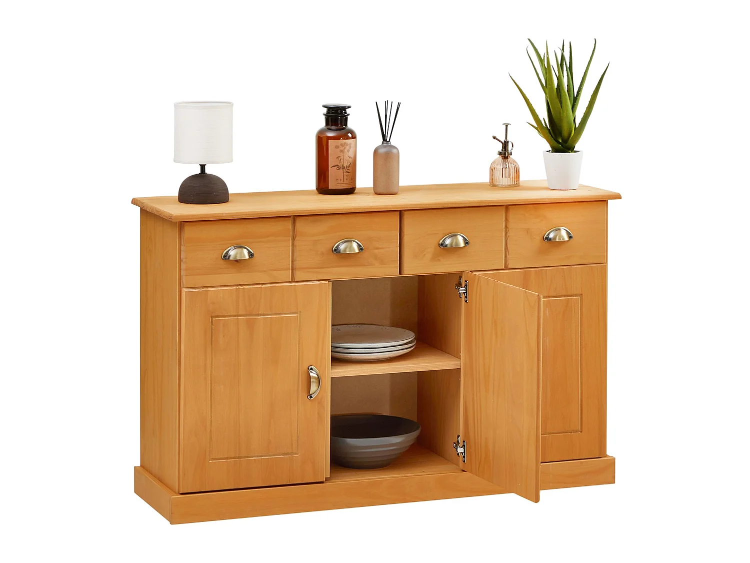 Buffet salle à manger PARIS en bois massif L116 cm avec 3 portes battantes et 2 tiroirs spacieux, brun