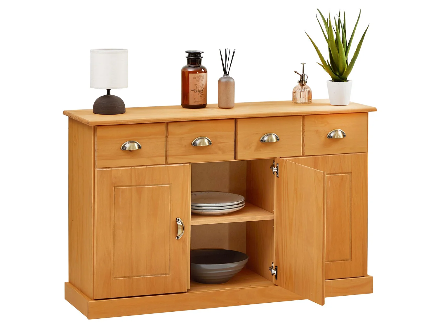 Buffet salle à manger PARIS en bois massif L116 cm avec 3 portes battantes et 2 tiroirs spacieux, brun