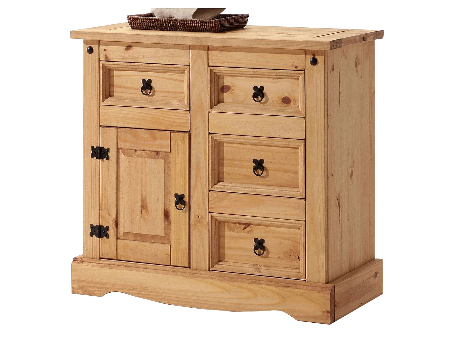 Buffet TEQUILA bahut vaisselier en bois style mexicain avec 4 tiroirs et 1 porte battante, en pin massif à la finition teintée et ci