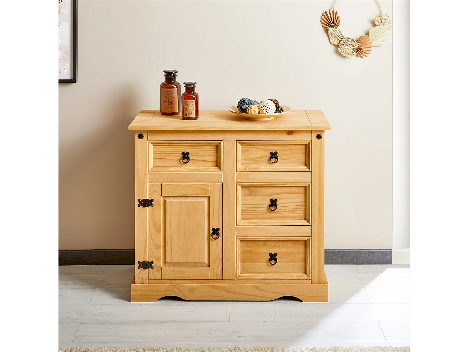 Buffet TEQUILA bahut vaisselier en bois style mexicain avec 4 tiroirs et 1 porte battante, en pin massif à la finition teintée et ci