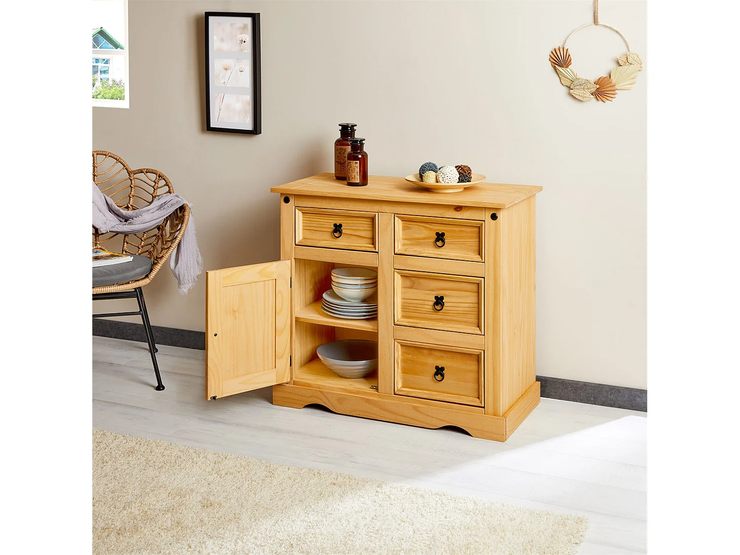 Buffet TEQUILA bahut vaisselier en bois style mexicain avec 4 tiroirs et 1 porte battante, en pin massif à la finition teintée et ci