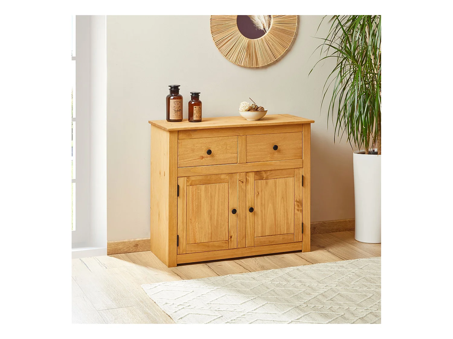 Buffet salle à manger CANCUN L 93 cm en bois massif finition laquée avec 2 portes et 2 tiroirs