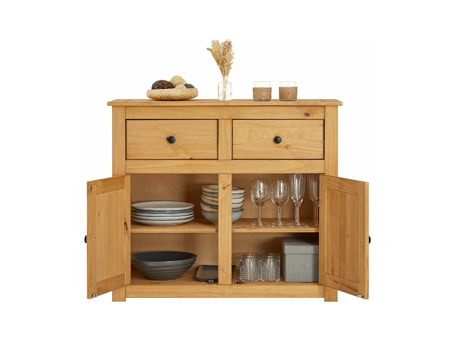 Buffet salle à manger CANCUN L 93 cm en bois massif finition laquée avec 2 portes et 2 tiroirs