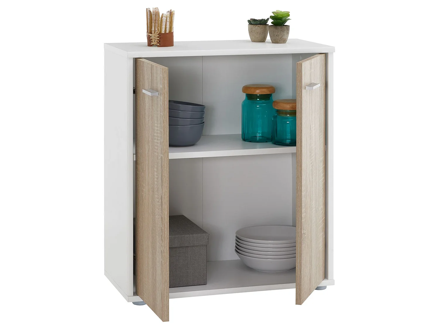 Buffet salle à manger FIRMIN L 60 cm coloris blanc chêne sonoma avec 2 portes bahut bas meuble de rangement style moderne