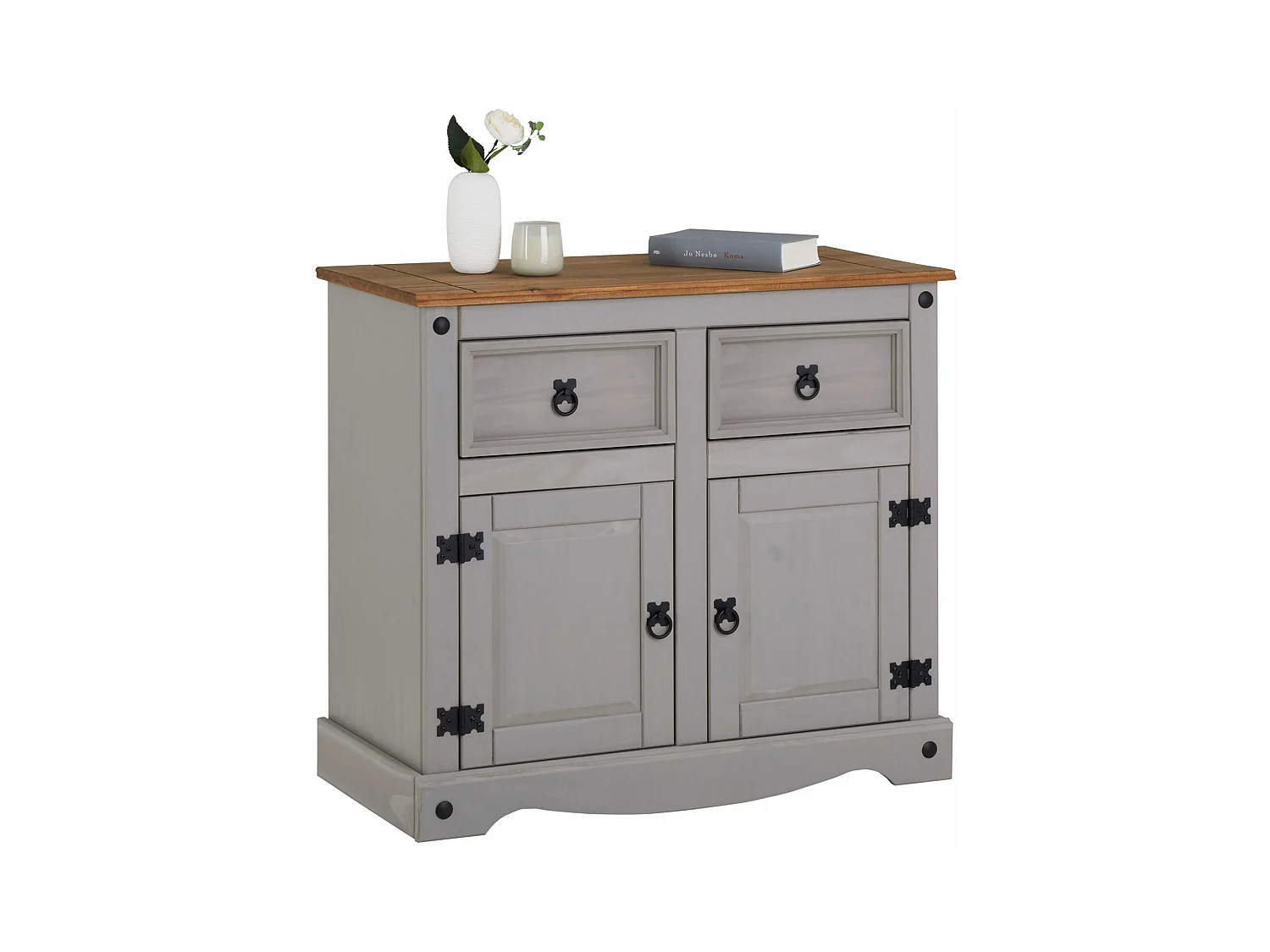 Buffet salle à manger RAMON L 87 cm en bois massif gris et brun, meuble de rangement adulte 2 tiroirs et 2 portes