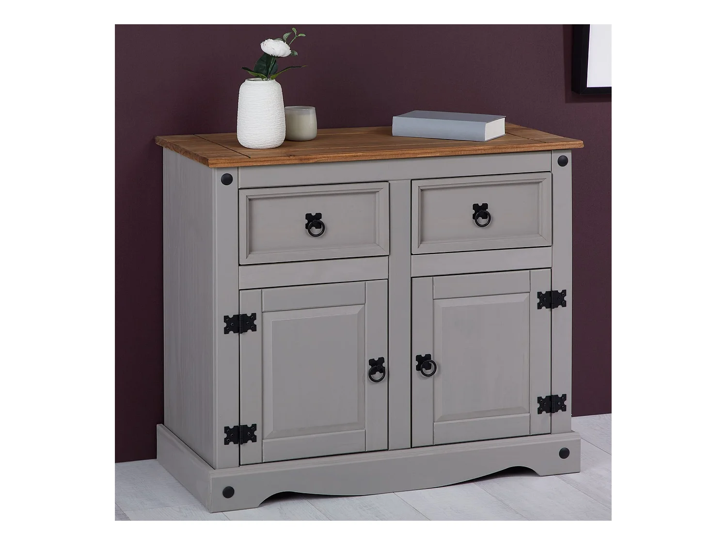 Buffet salle à manger RAMON L 87 cm en bois massif gris et brun, meuble de rangement adulte 2 tiroirs et 2 portes