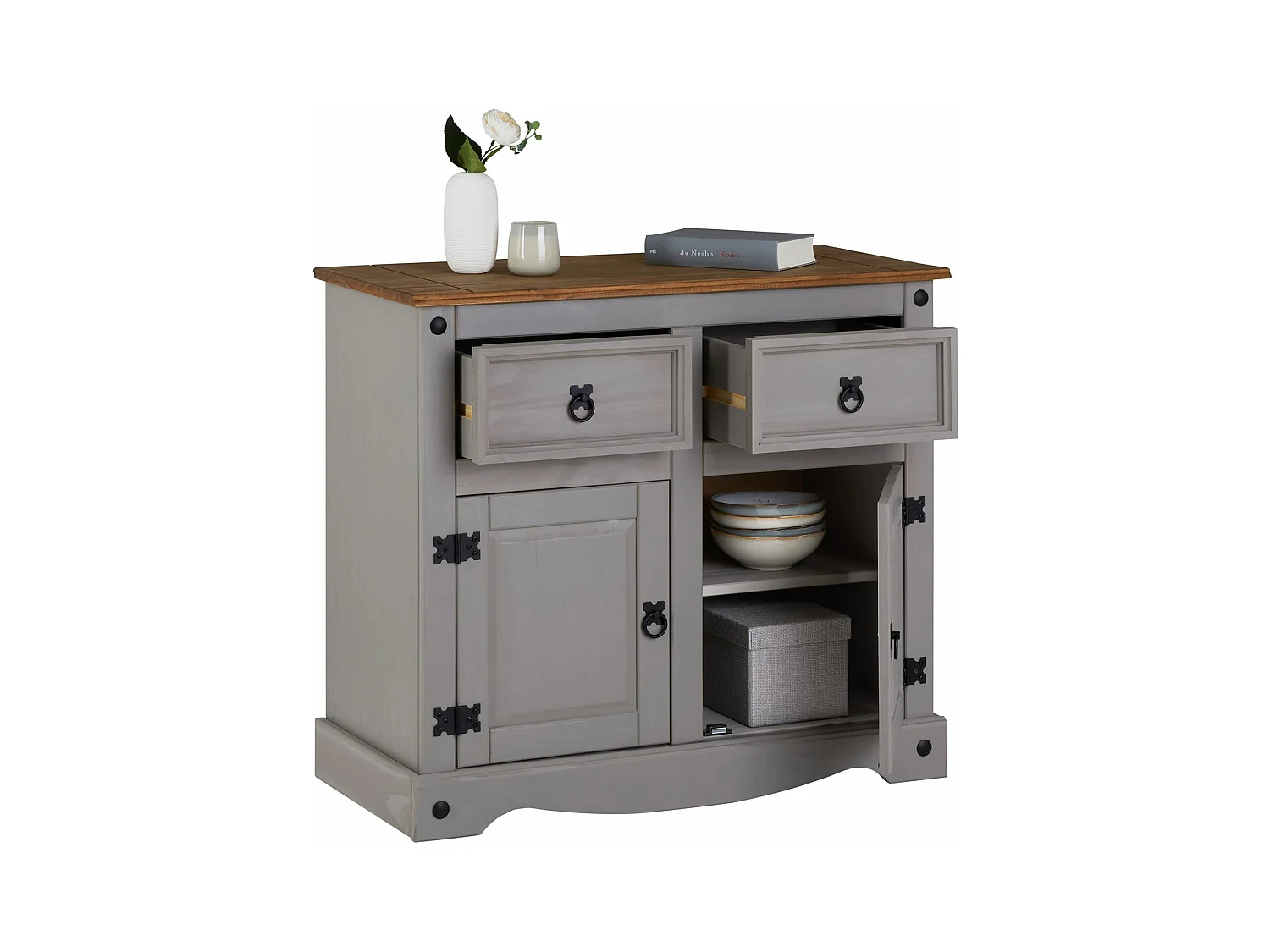 Buffet salle à manger RAMON L 87 cm en bois massif gris et brun, meuble de rangement adulte 2 tiroirs et 2 portes