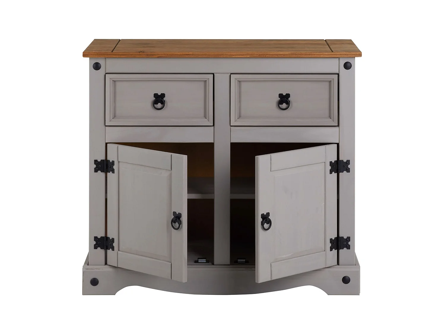 Buffet salle à manger RAMON L 87 cm en bois massif gris et brun, meuble de rangement adulte 2 tiroirs et 2 portes