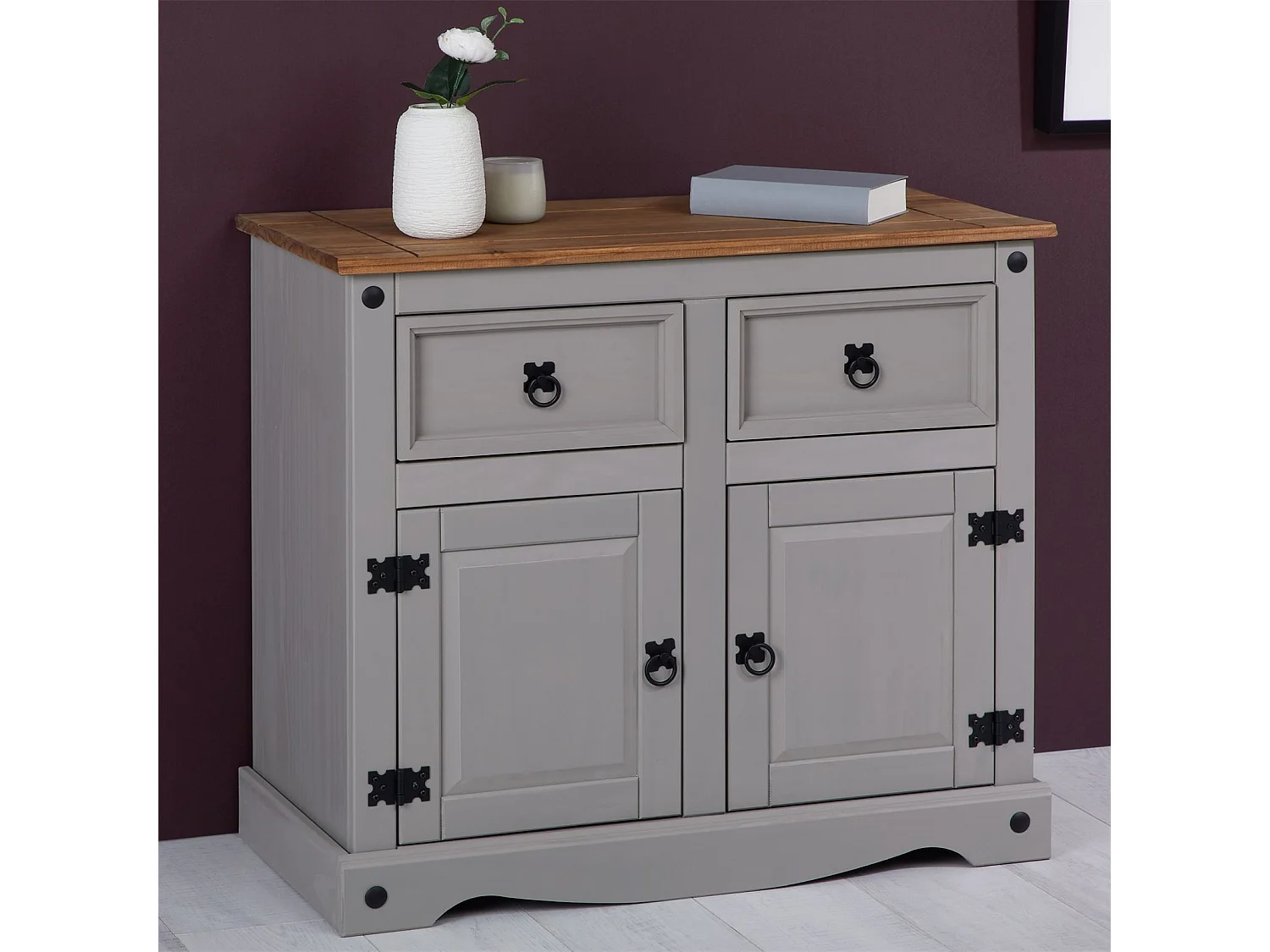 Buffet salle à manger RAMON L 87 cm en bois massif gris et brun, meuble de rangement adulte 2 tiroirs et 2 portes