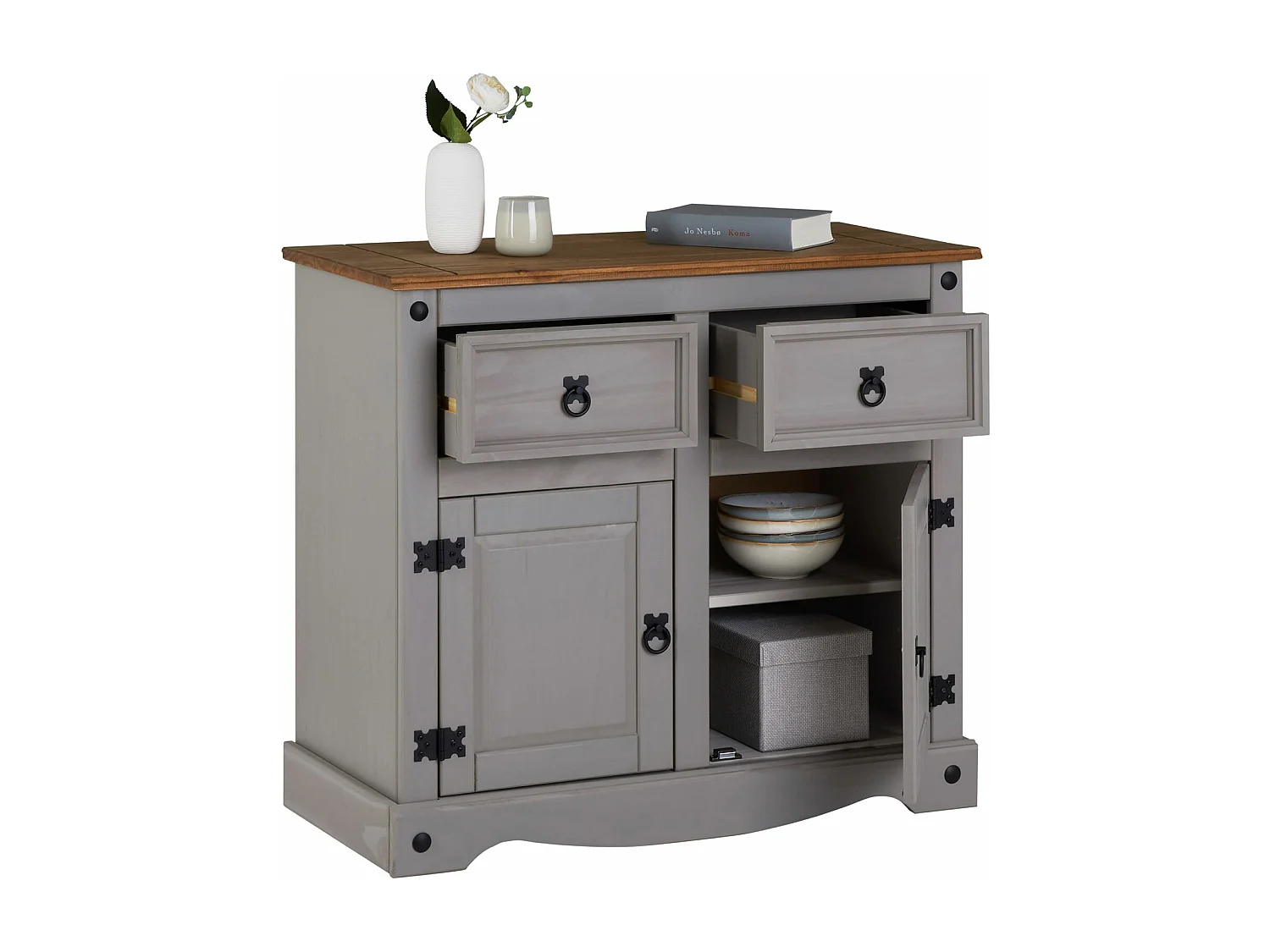 Buffet salle à manger RAMON L 87 cm en bois massif gris et brun, meuble de rangement adulte 2 tiroirs et 2 portes