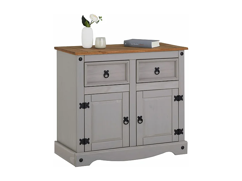 Buffet salle à manger RAMON L 87 cm en bois massif gris et brun, meuble de rangement adulte 2 tiroirs et 2 portes