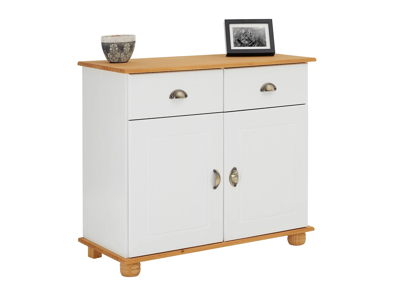 Buffet salle à manger COLMAR en bois massif L 94 cm avec 2 portes battantes et 2 tiroirs spacieux, blanc et brun