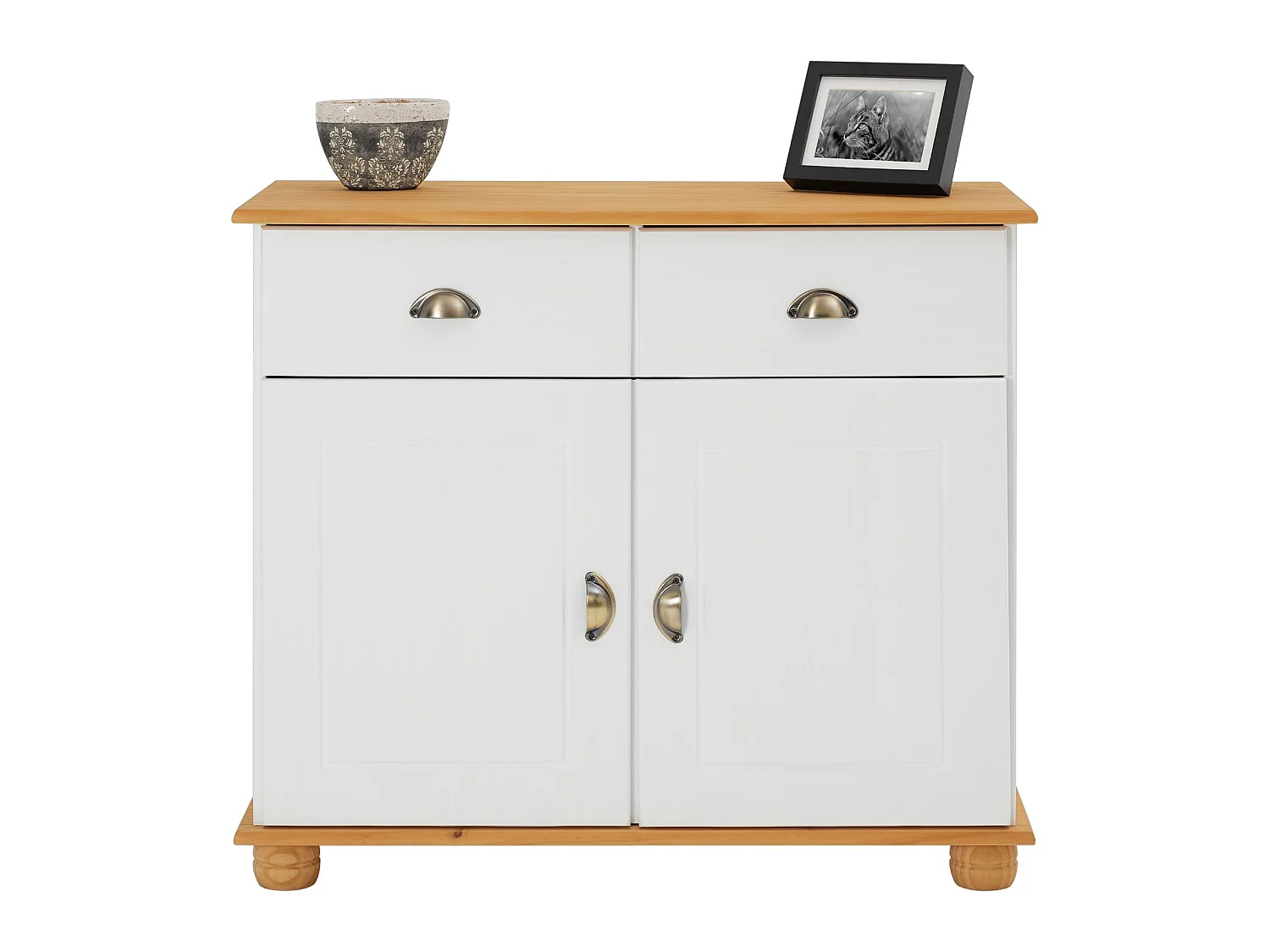 Buffet salle à manger COLMAR en bois massif L 94 cm avec 2 portes battantes et 2 tiroirs spacieux, blanc et brun