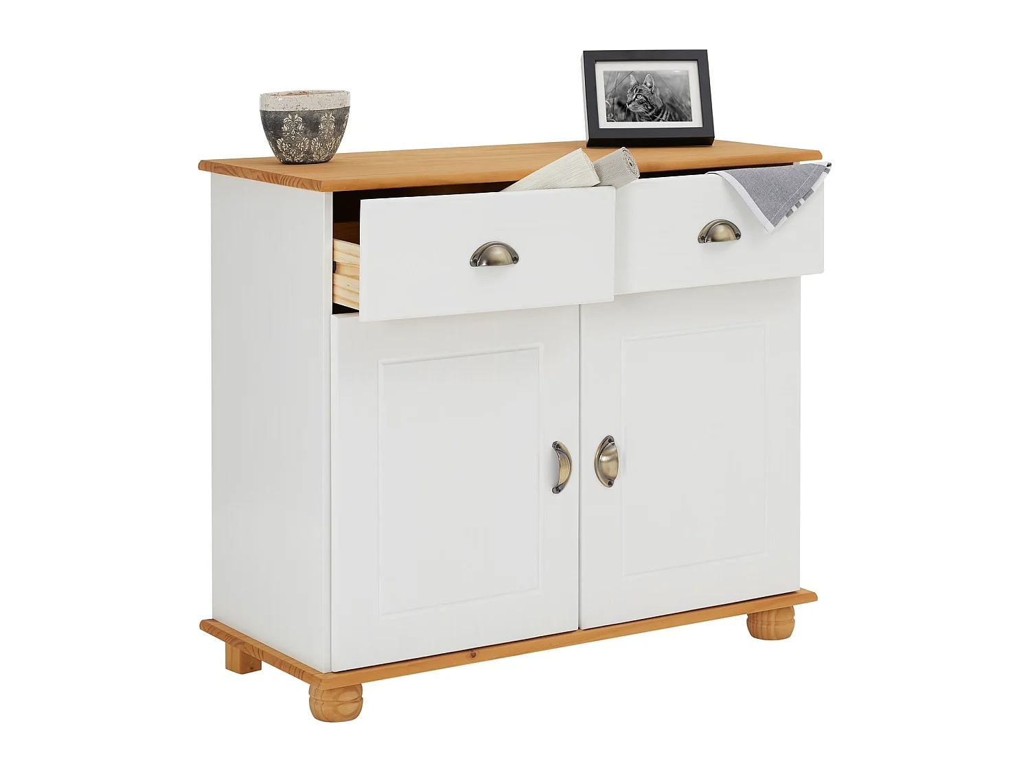 Buffet salle à manger COLMAR en bois massif L 94 cm avec 2 portes battantes et 2 tiroirs spacieux, blanc et brun