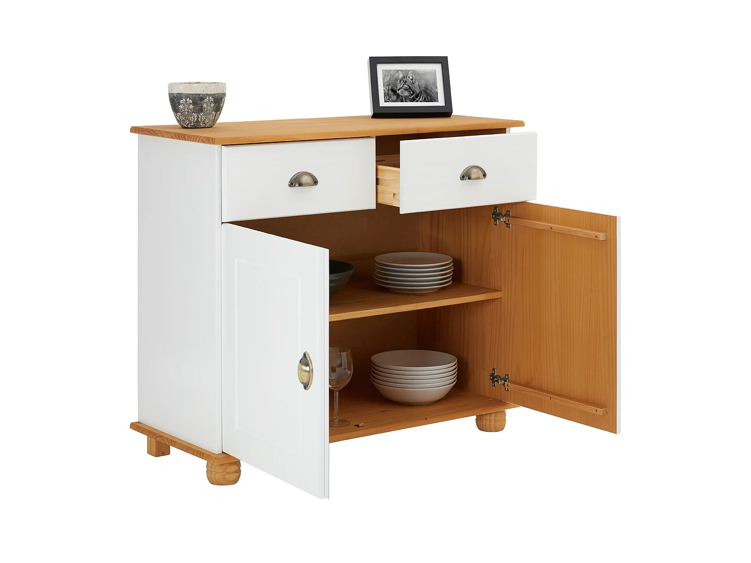 Buffet salle à manger COLMAR en bois massif L 94 cm avec 2 portes battantes et 2 tiroirs spacieux, blanc et brun