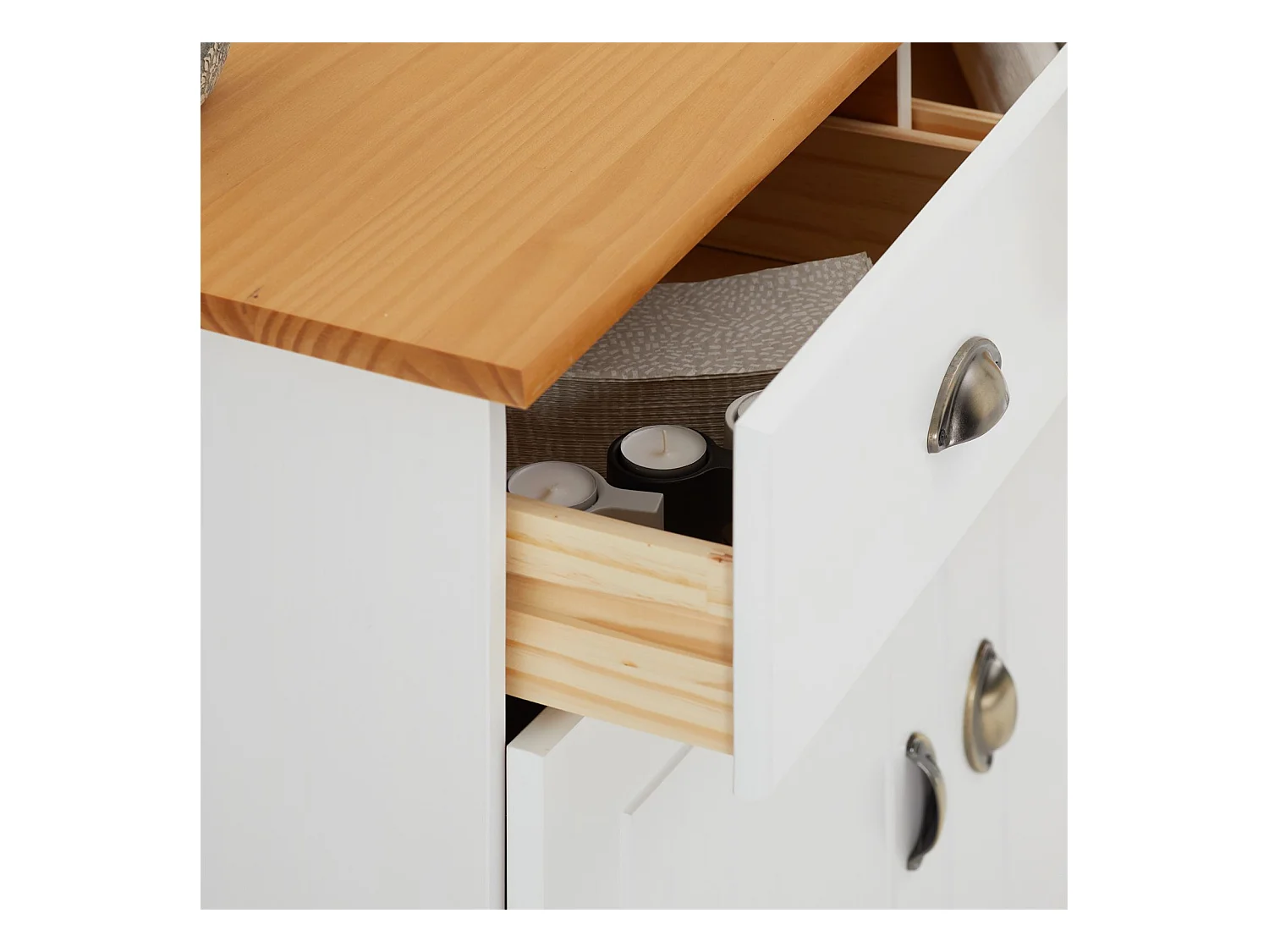 Buffet salle à manger COLMAR en bois massif L 94 cm avec 2 portes battantes et 2 tiroirs spacieux, blanc et brun