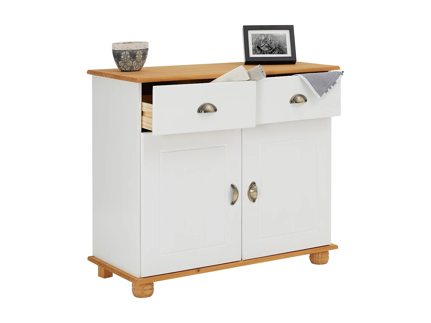 Buffet salle à manger COLMAR en bois massif L 94 cm avec 2 portes battantes et 2 tiroirs spacieux, blanc et brun