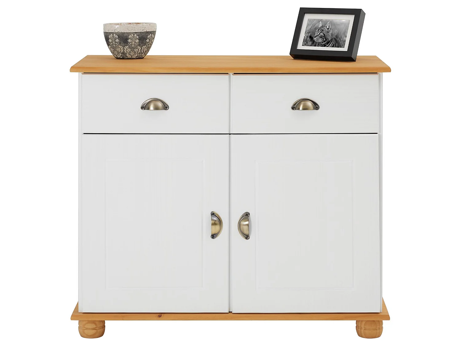 Buffet salle à manger COLMAR en bois massif L 94 cm avec 2 portes battantes et 2 tiroirs spacieux, blanc et brun