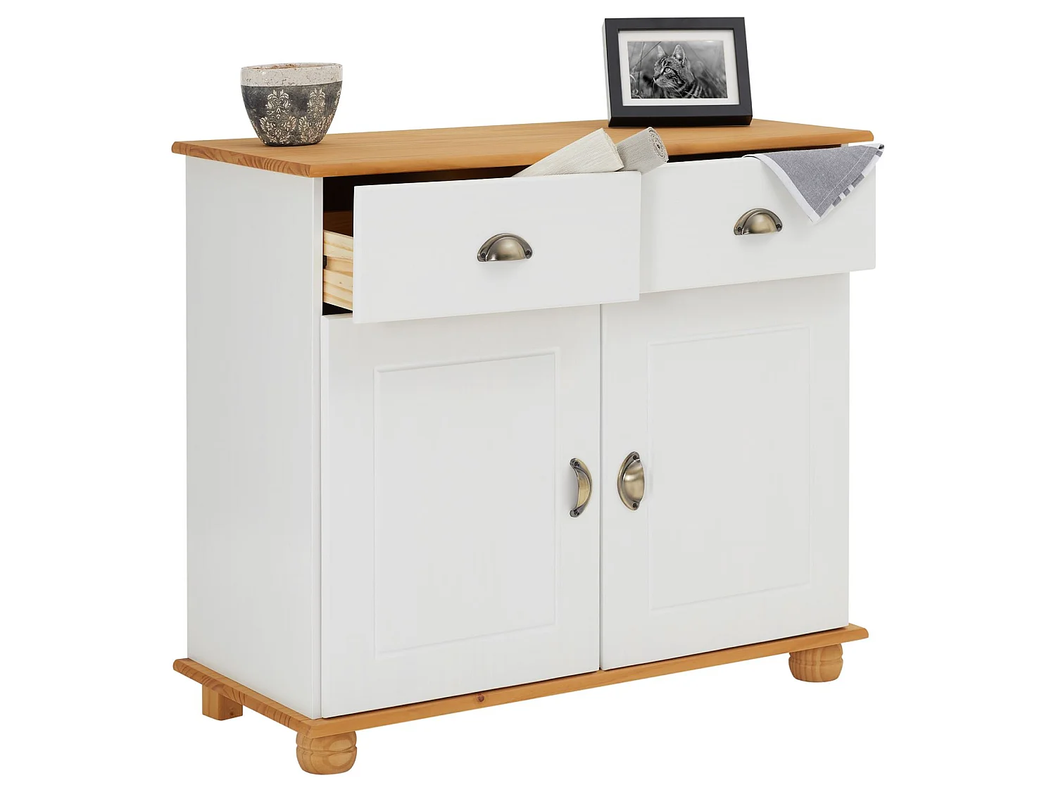 Buffet salle à manger COLMAR en bois massif L 94 cm avec 2 portes battantes et 2 tiroirs spacieux, blanc et brun