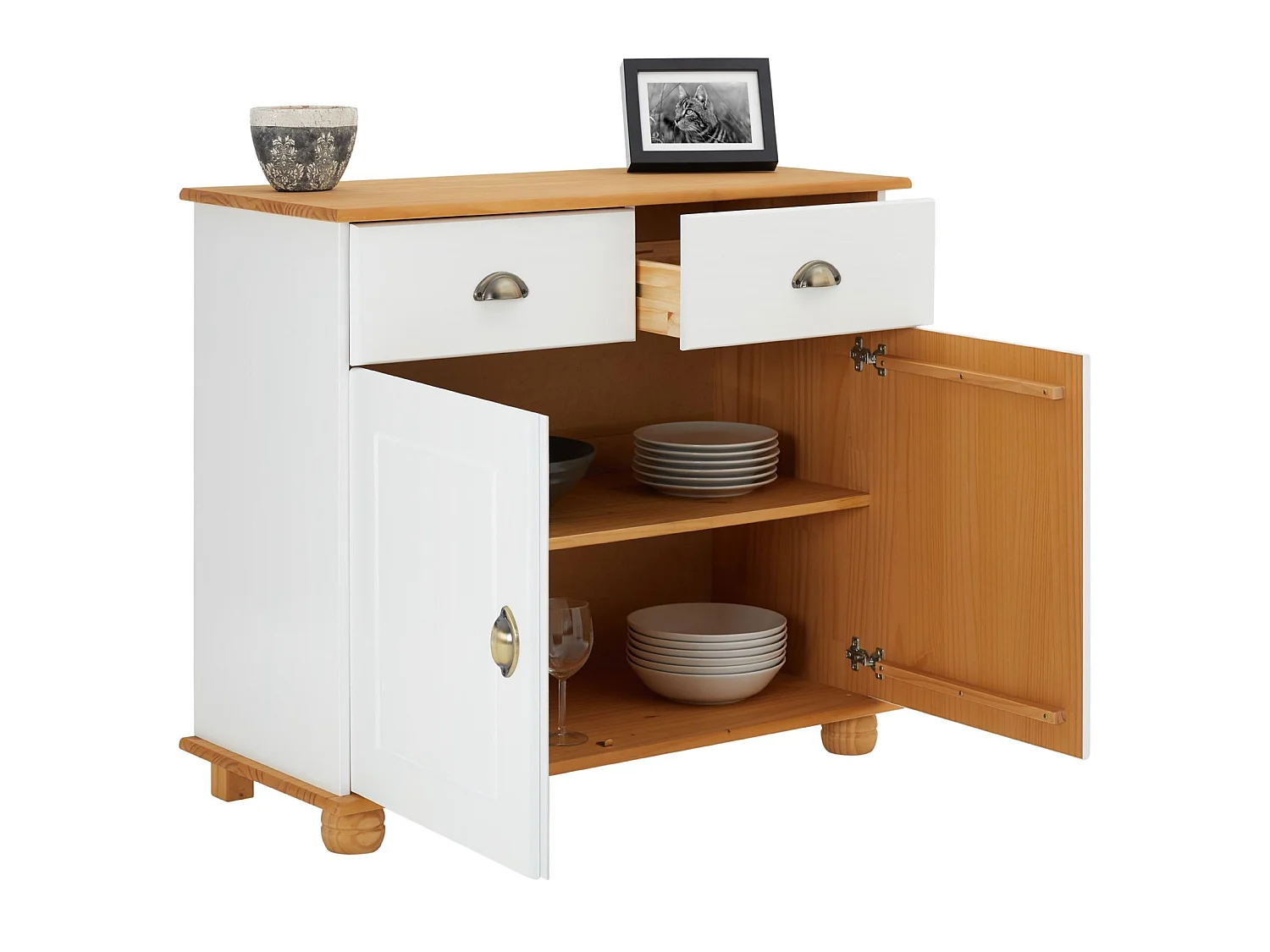 Buffet salle à manger COLMAR en bois massif L 94 cm avec 2 portes battantes et 2 tiroirs spacieux, blanc et brun