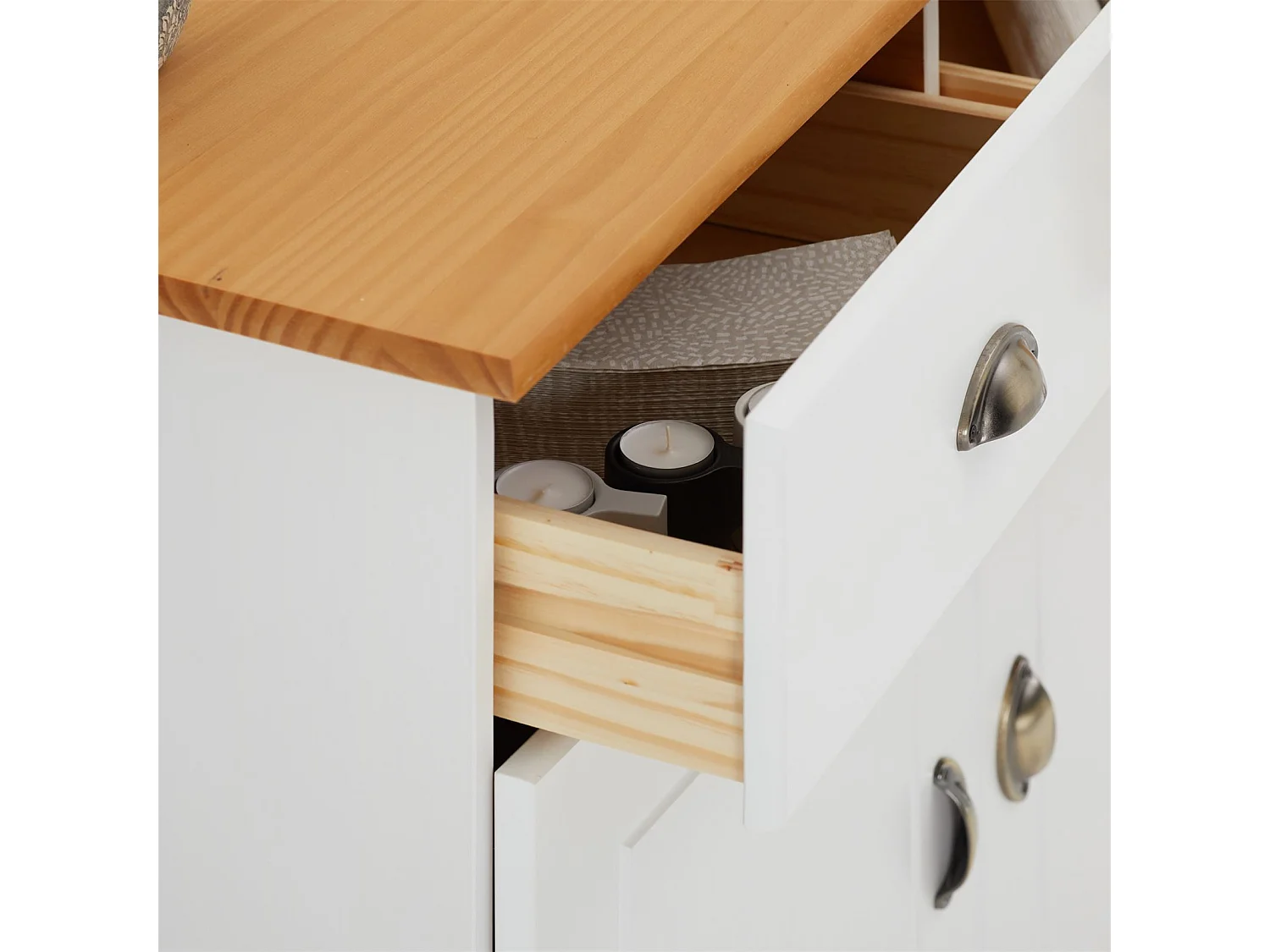 Buffet salle à manger COLMAR en bois massif L 94 cm avec 2 portes battantes et 2 tiroirs spacieux, blanc et brun