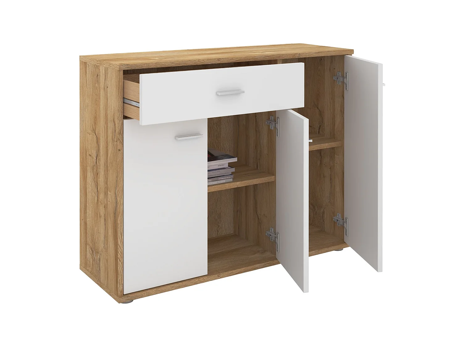 Buffet salle à manger CORLAINE L 88 cm coloris chêne sauvage et blanc avec 1 tiroir et 3 portes, bahut bas