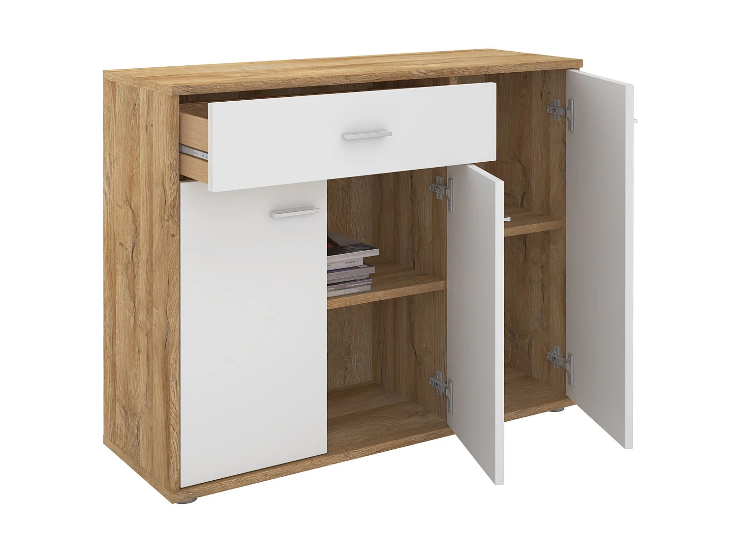 Buffet salle à manger CORLAINE L 88 cm coloris chêne sauvage et blanc avec 1 tiroir et 3 portes, bahut bas