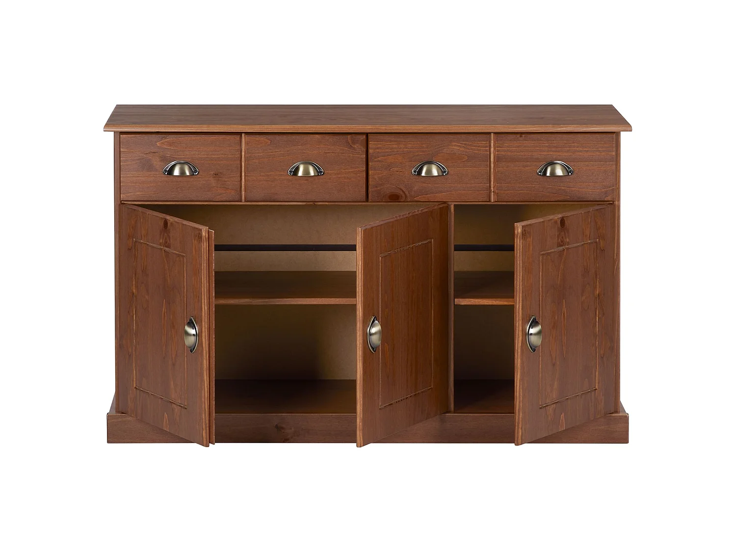 Buffet PARIS commode bahut vaisselier avec 3 portes battantes et 2 tiroirs pin massif lasuré brun foncé