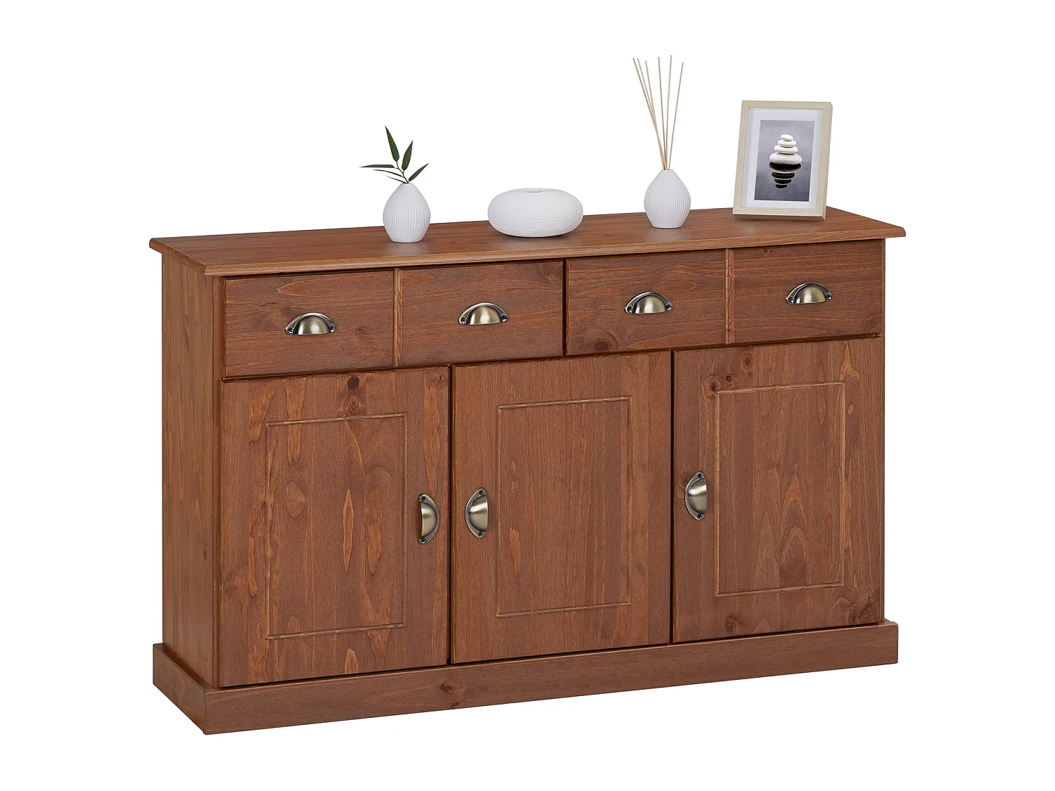 Buffet PARIS commode bahut vaisselier avec 3 portes battantes et 2 tiroirs pin massif lasuré brun foncé