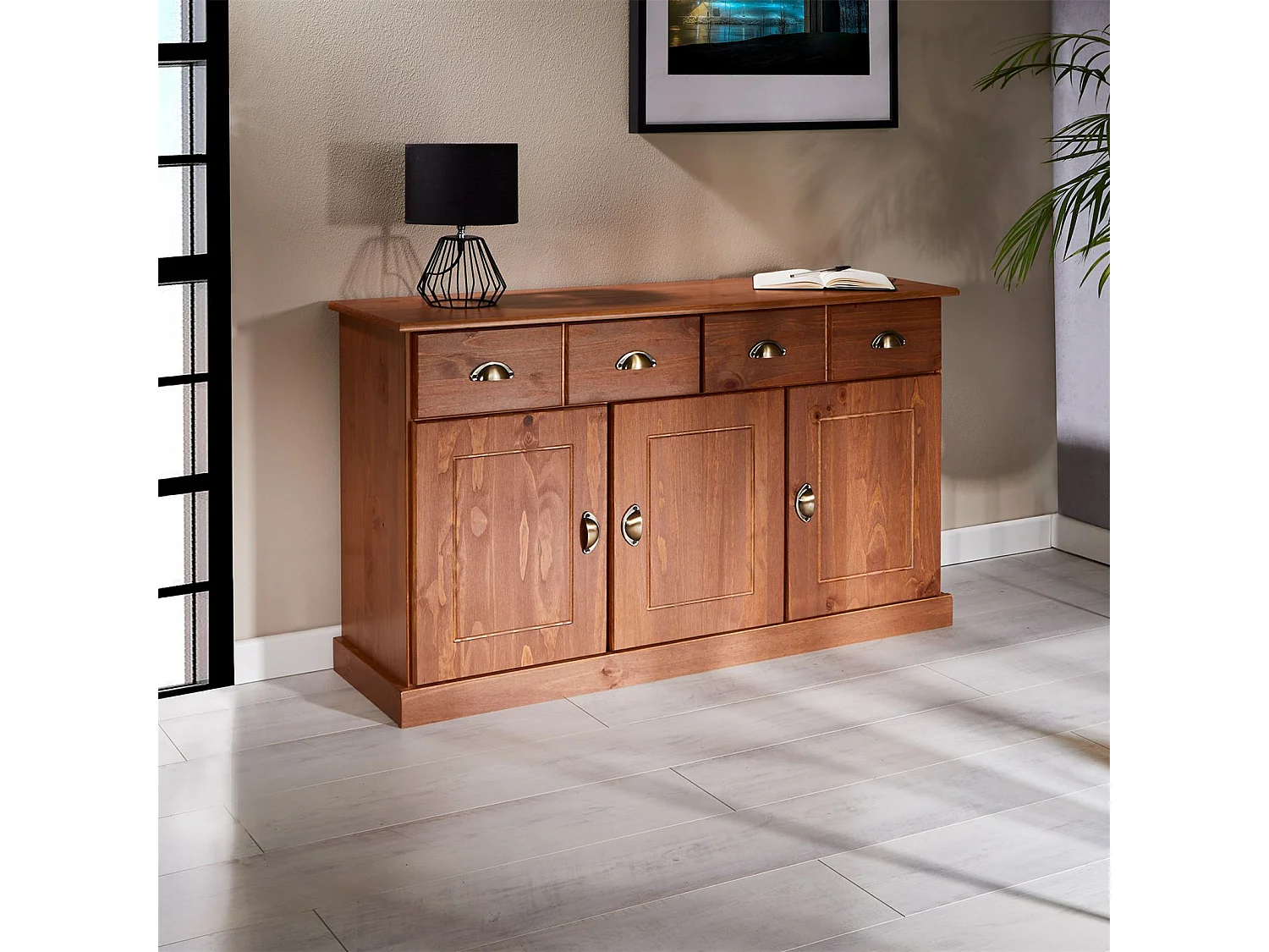 Buffet PARIS commode bahut vaisselier avec 3 portes battantes et 2 tiroirs pin massif lasuré brun foncé