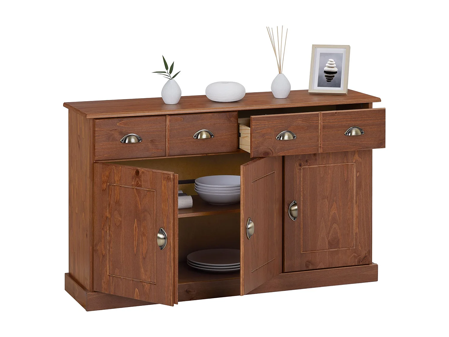 Buffet PARIS commode bahut vaisselier avec 3 portes battantes et 2 tiroirs pin massif lasuré brun foncé