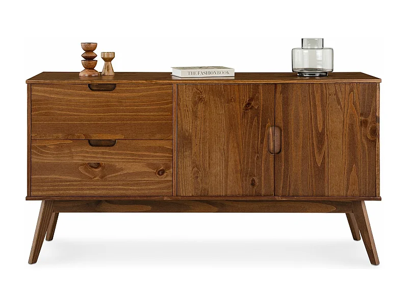 Buffet salle à manger TIVOLI  L 145 cm en bois massif finition bois bun foncé avec 2 tiroirs et 2 portes battantes