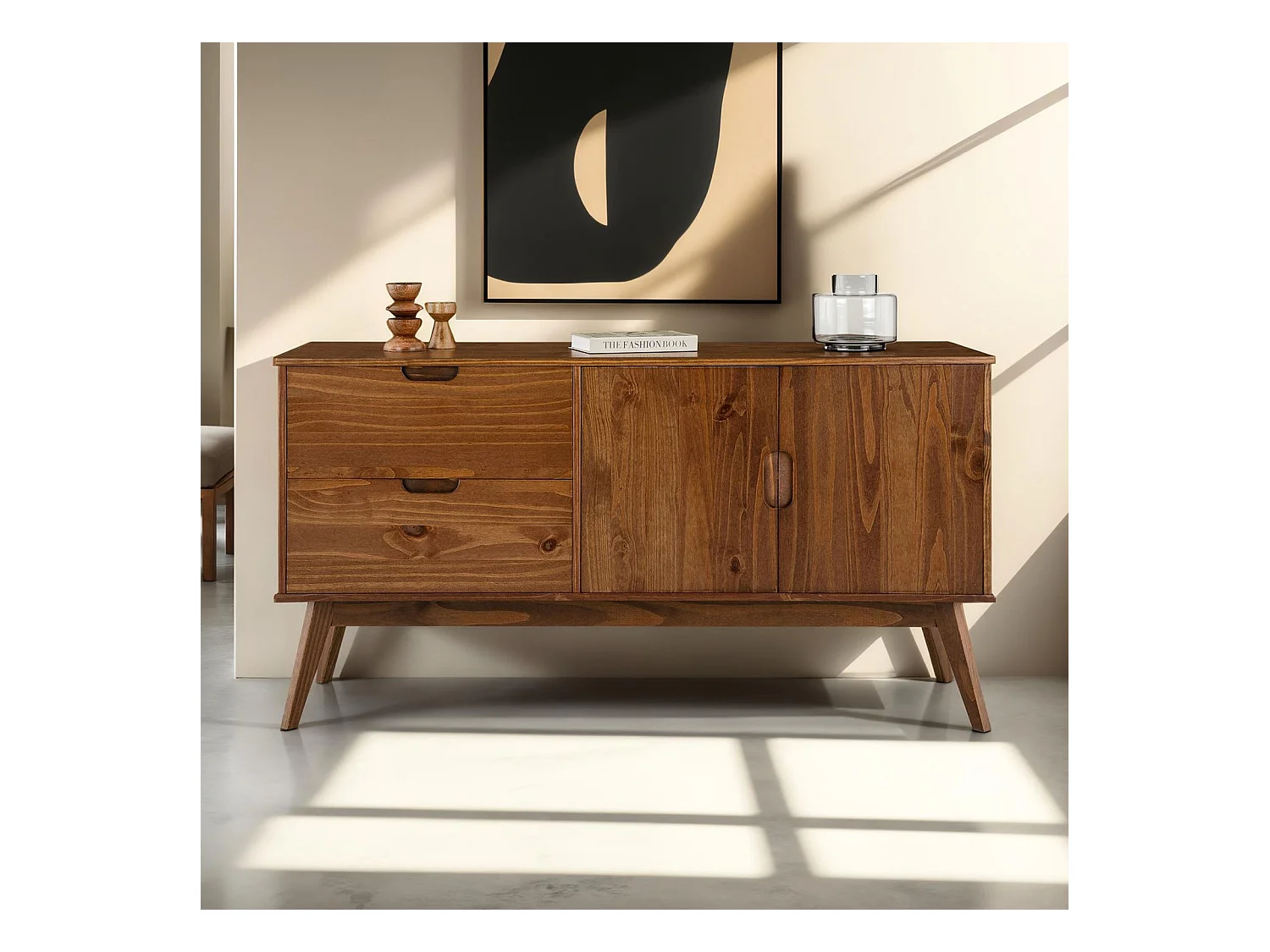 Buffet salle à manger TIVOLI  L 145 cm en bois massif finition bois bun foncé avec 2 tiroirs et 2 portes battantes