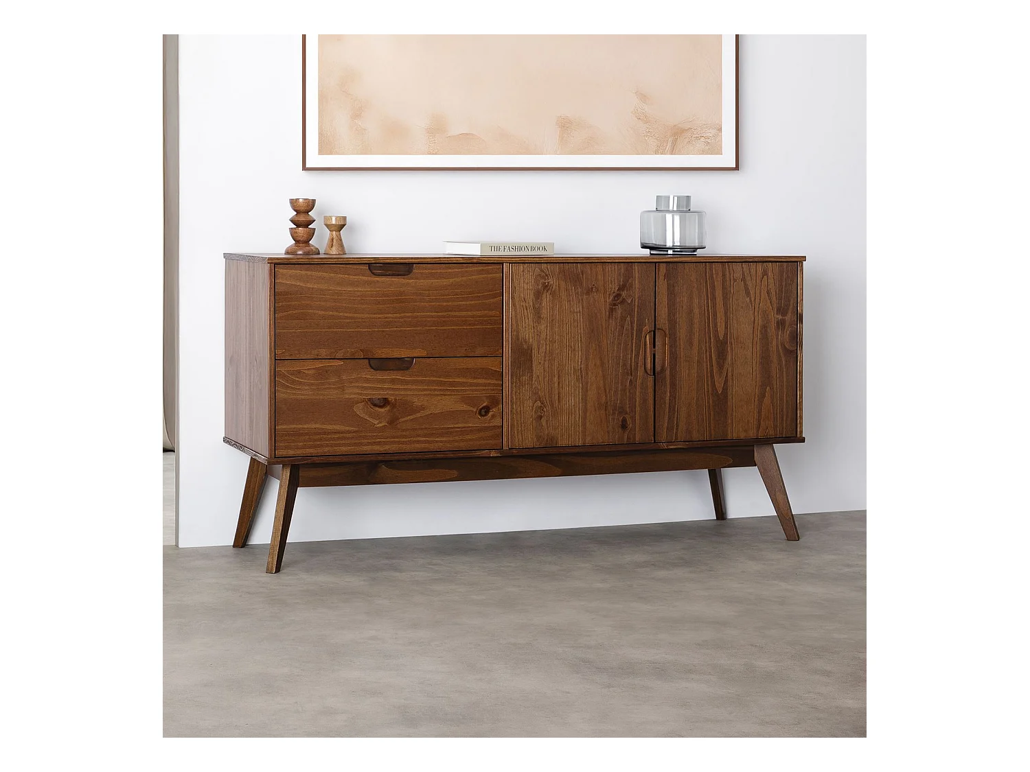 Buffet salle à manger TIVOLI  L 145 cm en bois massif finition bois bun foncé avec 2 tiroirs et 2 portes battantes