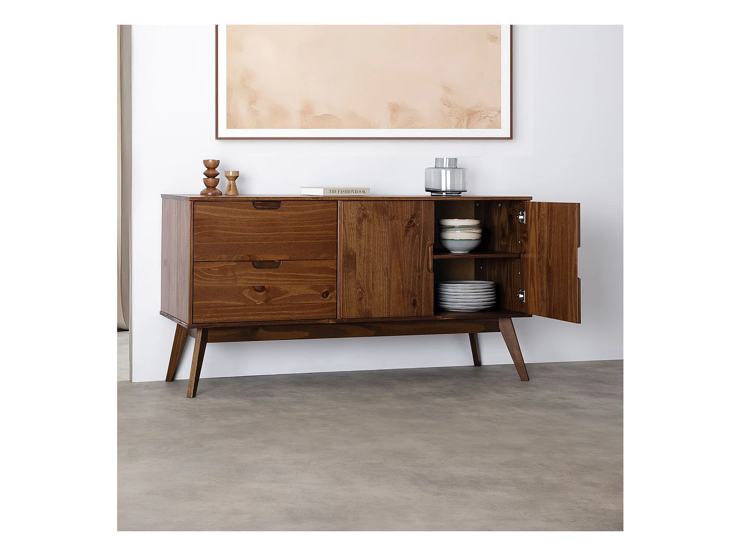 Buffet salle à manger TIVOLI  L 145 cm en bois massif finition bois bun foncé avec 2 tiroirs et 2 portes battantes