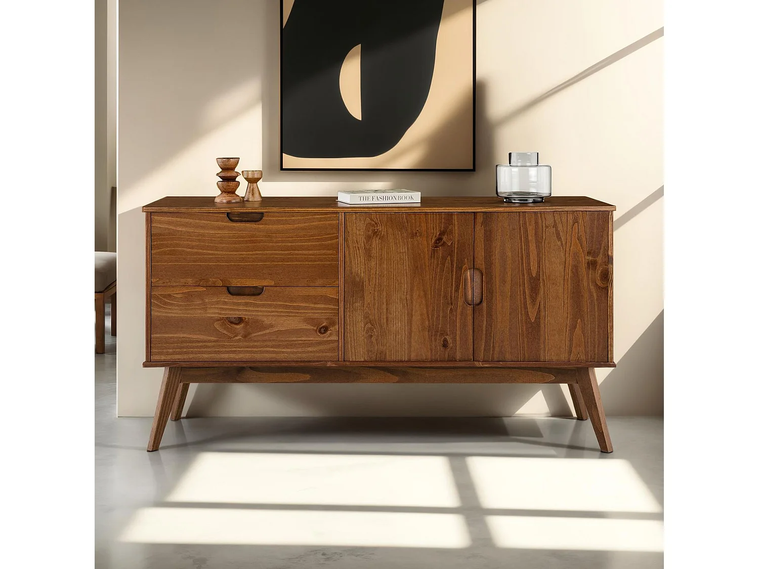 Buffet salle à manger TIVOLI  L 145 cm en bois massif finition bois bun foncé avec 2 tiroirs et 2 portes battantes