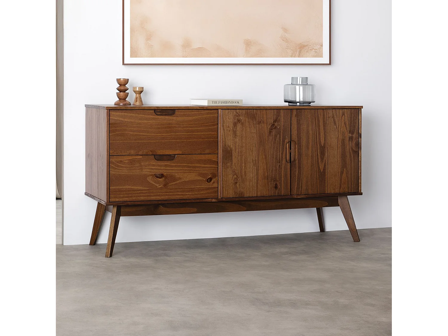 Buffet salle à manger TIVOLI  L 145 cm en bois massif finition bois bun foncé avec 2 tiroirs et 2 portes battantes