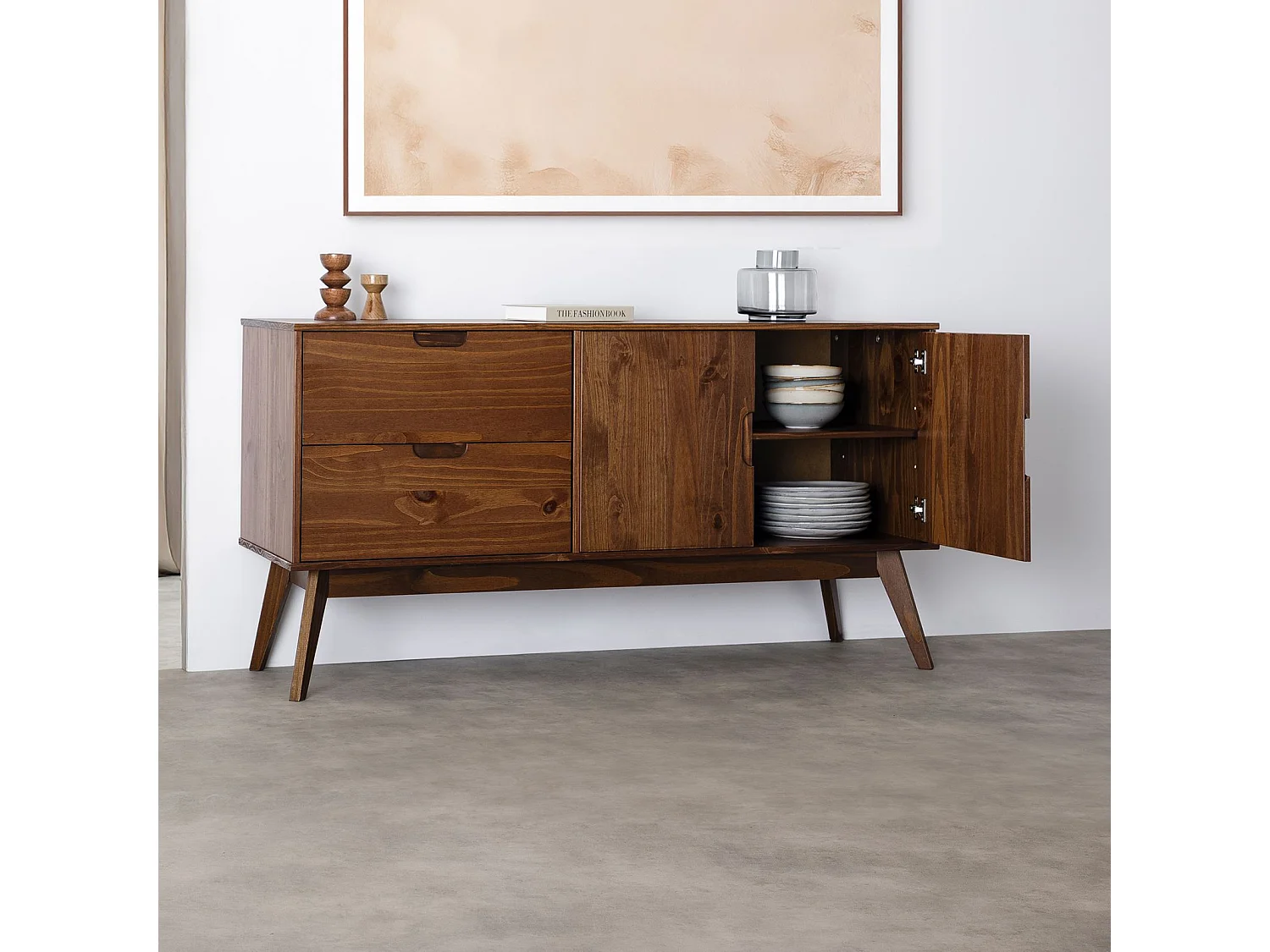 Buffet salle à manger TIVOLI  L 145 cm en bois massif finition bois bun foncé avec 2 tiroirs et 2 portes battantes