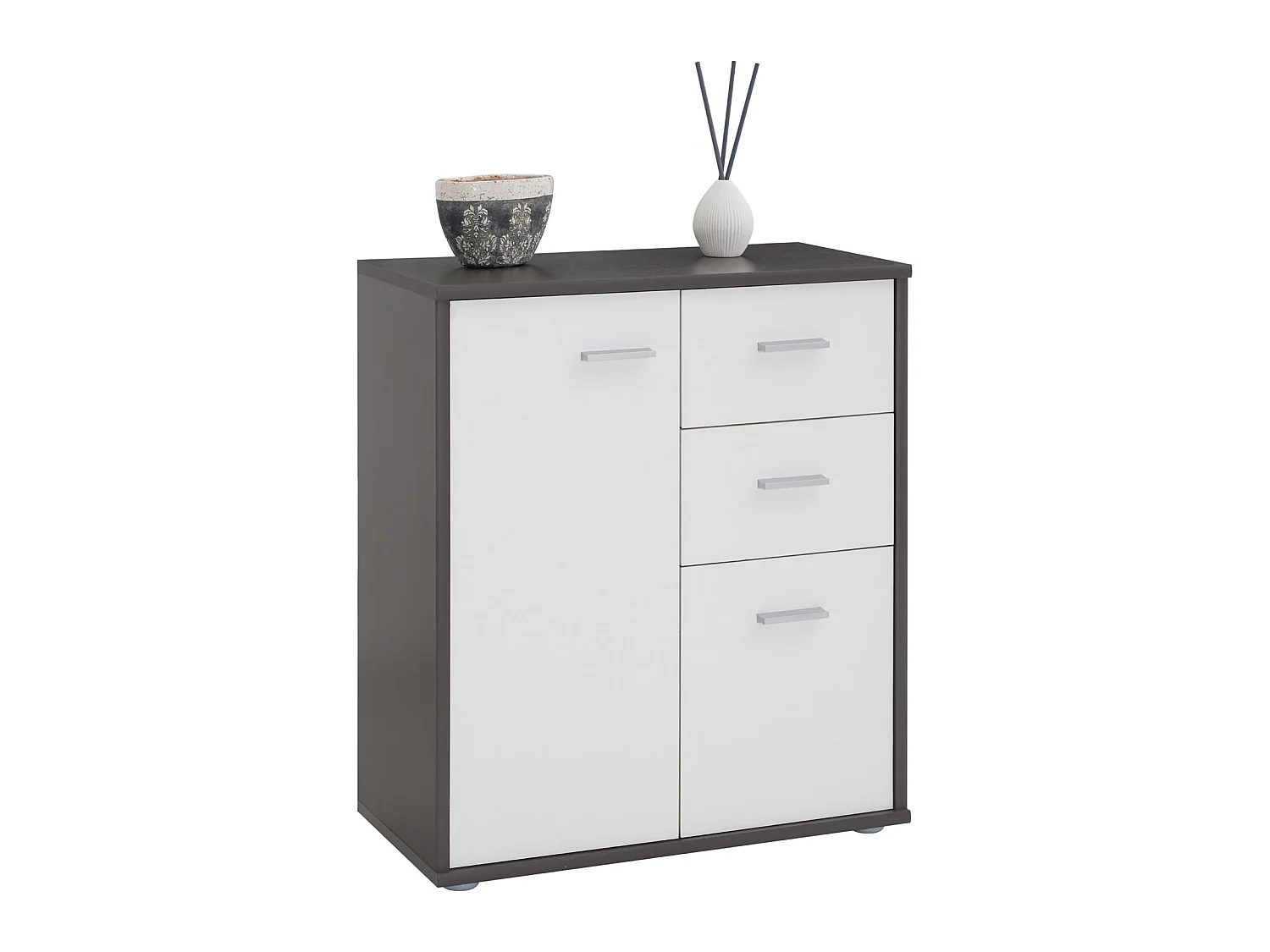 Buffet salle à manger REMY L 60 cm coloris gris et blanc avec 2 portes et 2 tiroirs bahut bas meuble de rangement