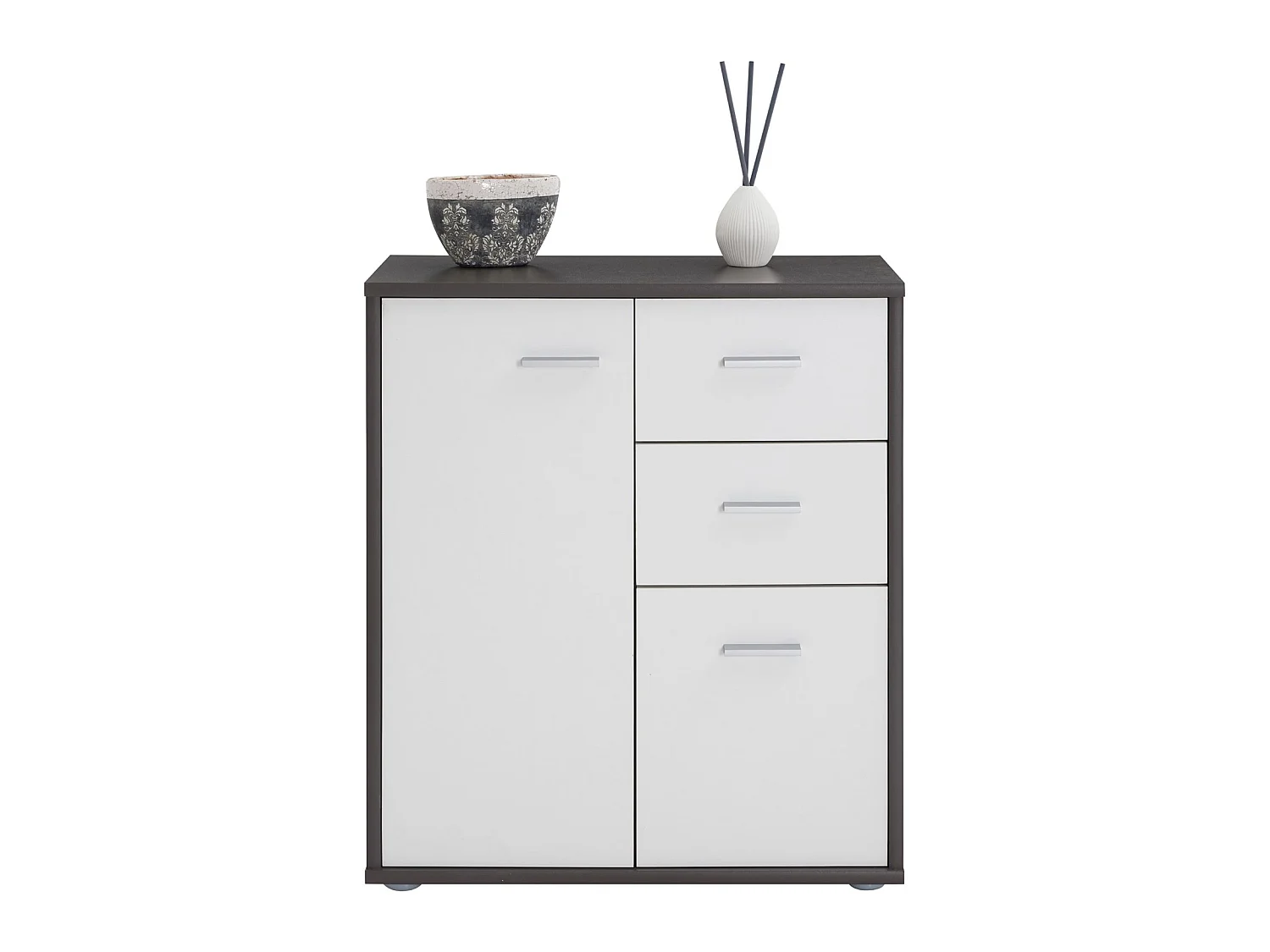 Buffet salle à manger REMY L 60 cm coloris gris et blanc avec 2 portes et 2 tiroirs bahut bas meuble de rangement